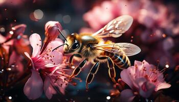 AI generated Busy bee pollinating a yellow flower in nature generated by AI photo