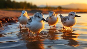 ai generado Gaviota en pie en línea costera, acecho puesta de sol terminado agua generado por ai foto