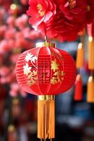 ai generado chino linternas iluminar el noche, simbolizando prosperidad y tradicion generado por ai foto