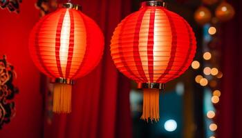 ai generado chino linternas colgante, esclarecedor el noche con vibrante colores generado por ai foto