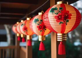 AI generated Chinese lanterns illuminate the night, celebrating traditional culture and luck generated by AI photo