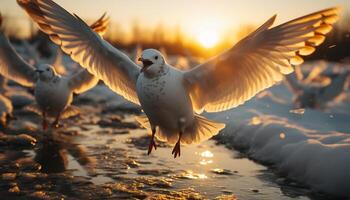 ai generado Gaviota volador libremente en el puesta de sol dorado ligero generado por ai foto