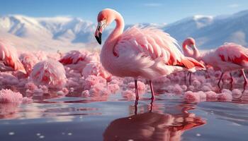 AI generated Pink flamingo standing in water, reflecting its elegance generated by AI photo