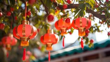 AI generated Chinese lanterns illuminate the night, symbolizing prosperity and luck generated by AI photo