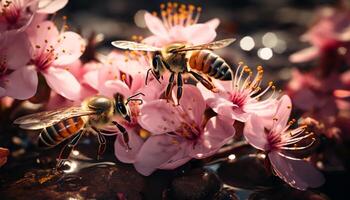 ai generado ocupado miel abeja polinizando un Fresco amarillo flor generado por ai foto