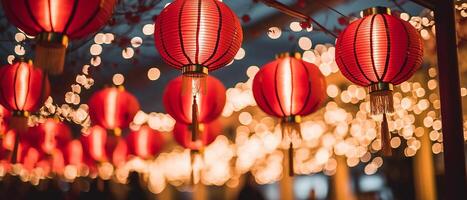 ai generado chino linternas iluminar el noche, simbolizando vibrante cultural celebraciones generado por ai foto