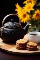 AI generated Hot drink, tea, cookie, wood table, dessert, freshness, snack, sweet food generated by AI photo