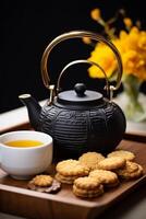 AI generated Hot tea in a wooden teapot on a yellow table generated by AI photo