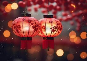 ai generado chino linternas brillante en el noche, esclarecedor el invierno celebracion generado por ai foto
