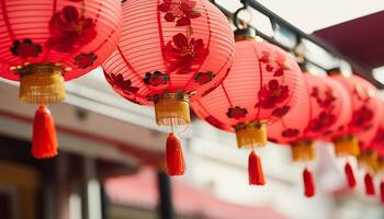 AI generated Chinese lanterns hanging in Chinatown illuminate the vibrant night generated by AI photo