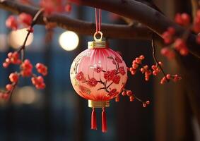 AI generated Christmas ornament hanging on tree, illuminated with glowing Christmas lights generated by AI photo