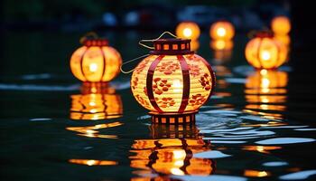 AI generated Glowing lantern illuminates dark night, symbolizing spirituality and celebration generated by AI photo