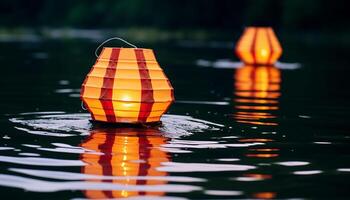 ai generado flotante linterna refleja en tranquilo estanque, capturar verano belleza generado por ai foto