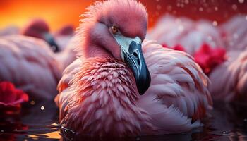 AI generated Vibrant pink bird in tropical forest, close up generated by AI photo