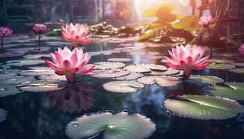 AI generated Lotus water lily, pink flower head floating on water generated by AI photo