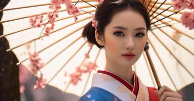 ai generado un hermosa geisha, elegante en tradicional ropa, sonrisas debajo Cereza flores generado por ai foto