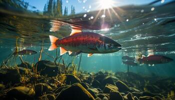 AI generated School of fish swimming in the underwater reef generated by AI photo