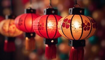 ai generado chino linternas iluminar el noche, simbolizando vibrante tradiciones y celebraciones generado por ai foto