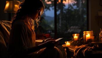 ai generado un mujer leyendo por luz de una vela, hallazgo relajación generado por ai foto