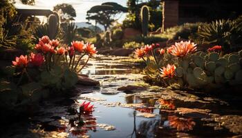 AI generated Beautiful flower blossom in tranquil pond, surrounded by green generated by AI photo