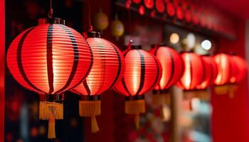 AI generated Chinese lanterns hanging in a row illuminate the night with luck and prosperity generated by AI photo