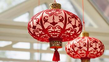 AI generated Chinese lanterns illuminate the celebration, symbolizing prosperity and luck generated by AI photo