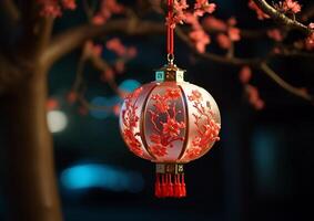ai generado chino linternas colgando desde árbol ramas iluminar el invierno noche generado por ai foto