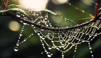 AI generated Spider web glistens with dew in the forest generated by AI photo