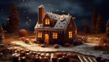 AI generated Gingerbread house decoration, winter night, sweet homemade dessert generated by AI photo