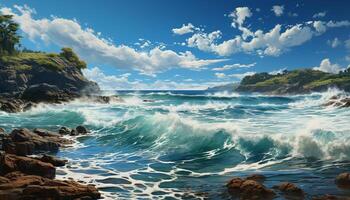 ai generado azul ola salpicaduras en rocoso línea costera, tranquilo belleza generado por ai foto