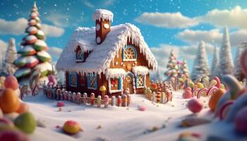 AI generated Winter celebration, snowing, gingerbread house, homemade cookie generated by AI photo