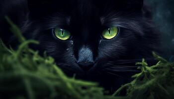 ai generado linda felino gatito curioso, verde césped, negro antecedentes generado por ai foto