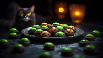 ai generado linda gato disfruta hecho en casa chocolate postre en mesa generado por ai foto