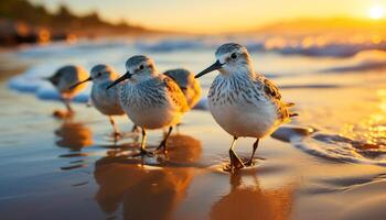 AI generated Seagull walking on sand, sunset reflecting on water generated by AI photo