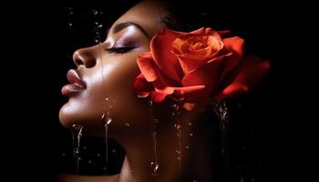 AI generated Young woman face, wet with flower, exudes sensuality generated by AI photo