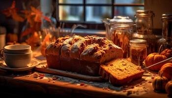 AI generated Homemade pumpkin dessert on rustic wood table generated by AI photo