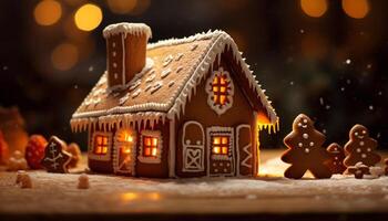 AI generated Homemade gingerbread cookies decorate the snowy winter night generated by AI photo