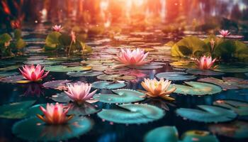 AI generated Lotus water lily, pink flower head floating on water generated by AI photo