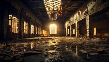 ai generado abandonado fábrica, escalofriante corredor, oxidado metal, roto ventanas generado por ai foto