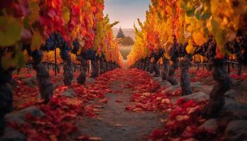 AI generated Vibrant autumn vineyard, ripe grapes in a row generated by AI photo