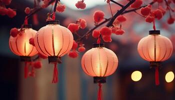 AI generated Chinese lanterns illuminate the night, symbolizing vibrant cultural celebration generated by AI photo