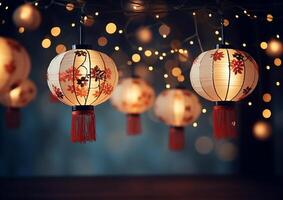 AI generated Chinese lanterns hanging, illuminating night with glowing patterns, symbolizing luck generated by AI photo