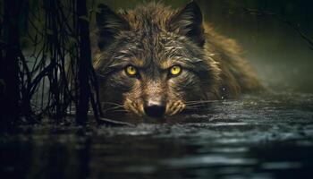 AI generated Wild wolf staring, fur reflecting in tranquil pond generated by AI photo