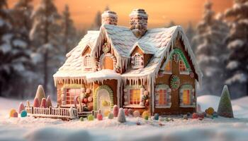 ai generado nieve cubierto pan de jengibre casa con vistoso caramelo decoraciones generado por ai foto