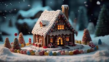 ai generado nevando noche, pan de jengibre casa, Galleta decoración, caramelo celebracion generado por ai foto