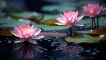 AI generated Lotus water lily, pink flower head reflects tranquility generated by AI photo