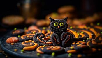 AI generated Halloween cookie decoration, spooky spider on pumpkin generated by AI photo