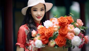 AI generated Smiling adult woman holding bouquet, enjoying nature beauty generated by AI photo