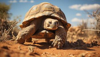 AI generated Large tortoise crawling in the African sand generated by AI photo