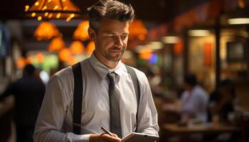 AI generated Confident businessman working outdoors, holding a mobile phone generated by AI photo